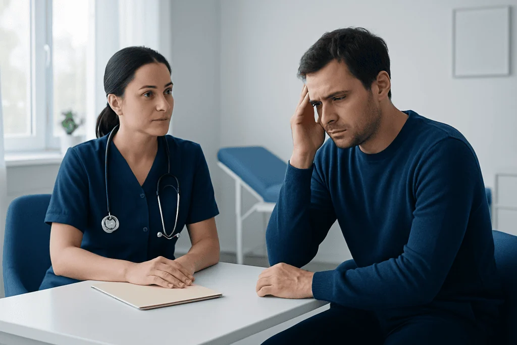 Doctor consulting with a worried male patient in a medical office.