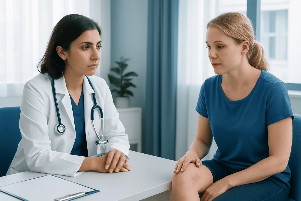 Doctor consulting with patient about skin issue in a medical office.
