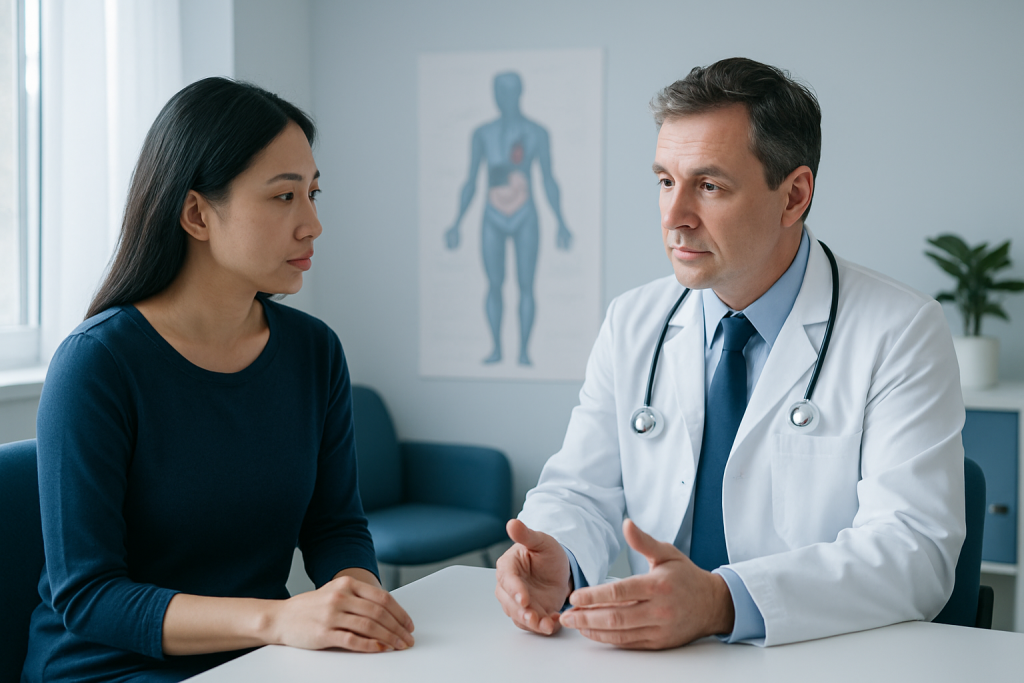 Doctor consulting with a female patient in a medical office.