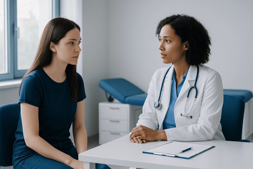 Doctor consulting with a young female patient in a medical office.