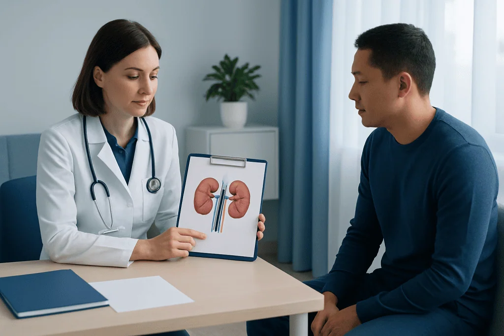 Doctor explaining kidney anatomy to patient during consultation at Acibadem Hospital.