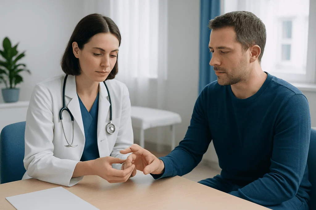 Doctor examining patient's finger in a consultation room.