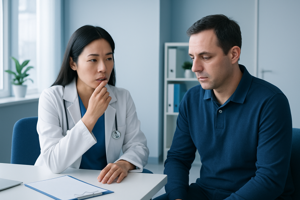 Doctor consulting with patient about mouth sores in a clinical setting.