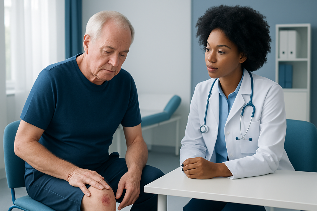 Doctor examining a patient's leg with a skin ulcer in a clinical setting.