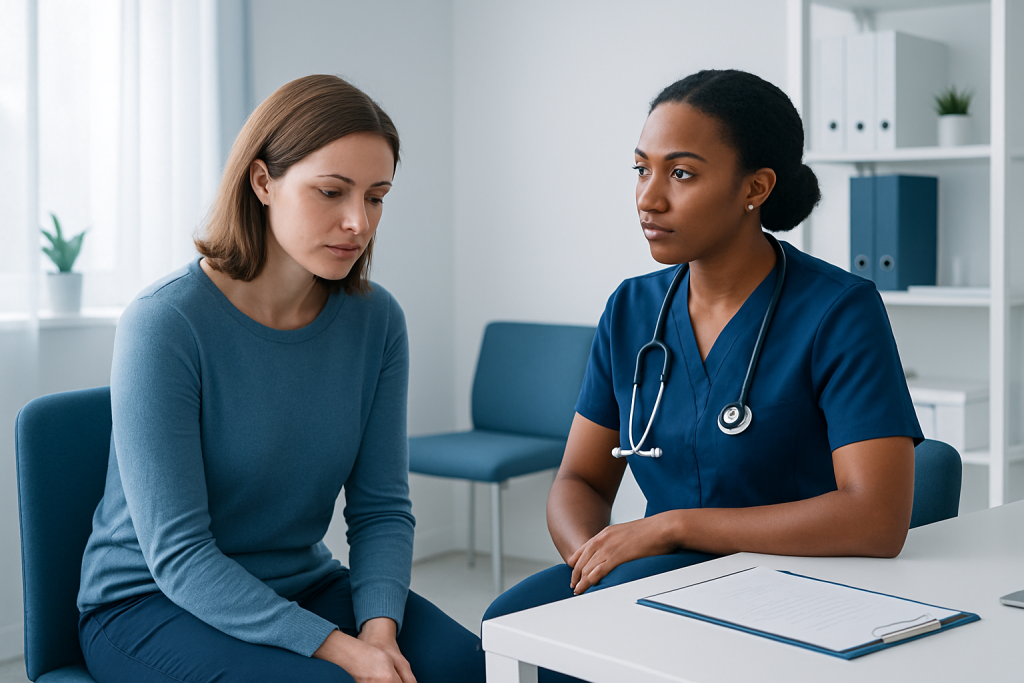 Doctor consulting with a patient about health concerns in a clinical setting.
