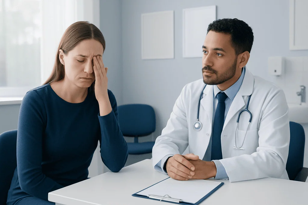 Doctor consulting with a woman experiencing eye discomfort in a clinic setting.