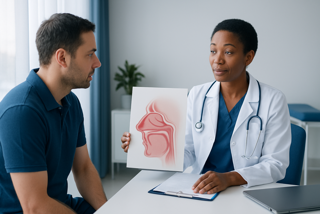 ENT specialist explaining nasal anatomy to patient during consultation.