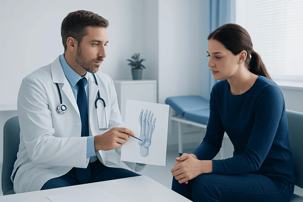 Doctor explaining sesamoiditis diagnosis to patient with foot X-ray.