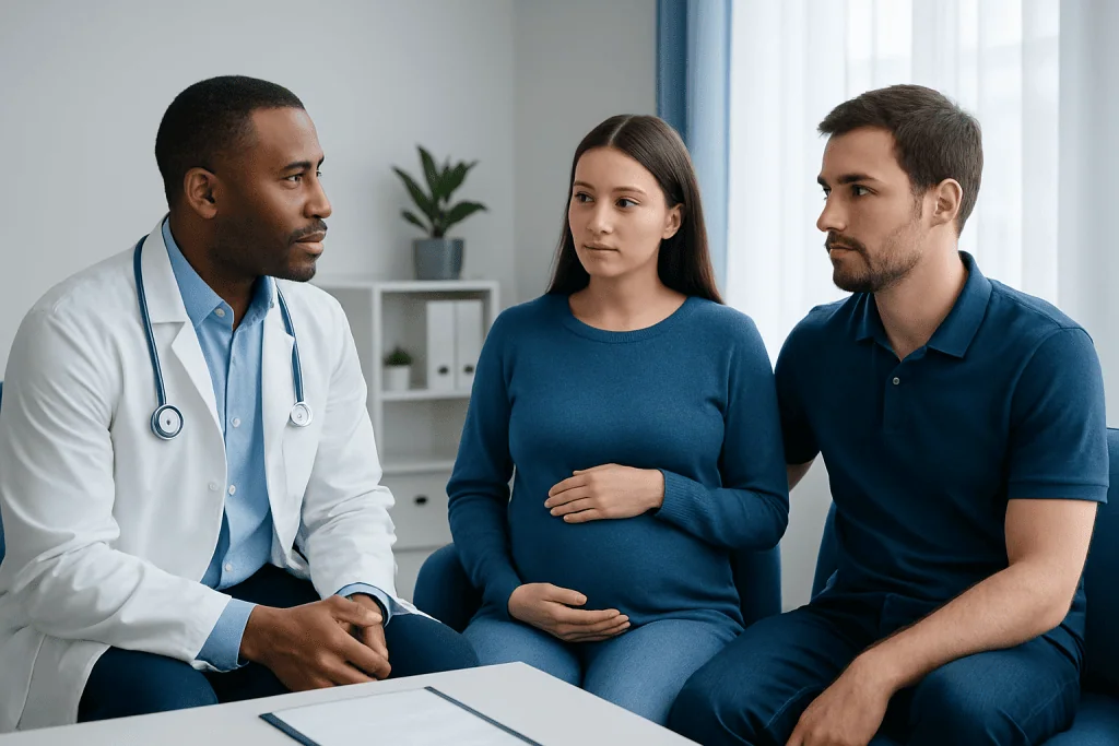 Doctor consulting with a pregnant woman and her partner in a medical office.