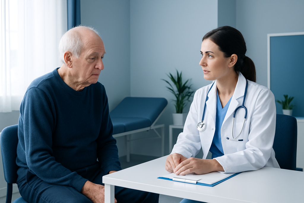 Doctor consulting with elderly patient in a medical office setting.