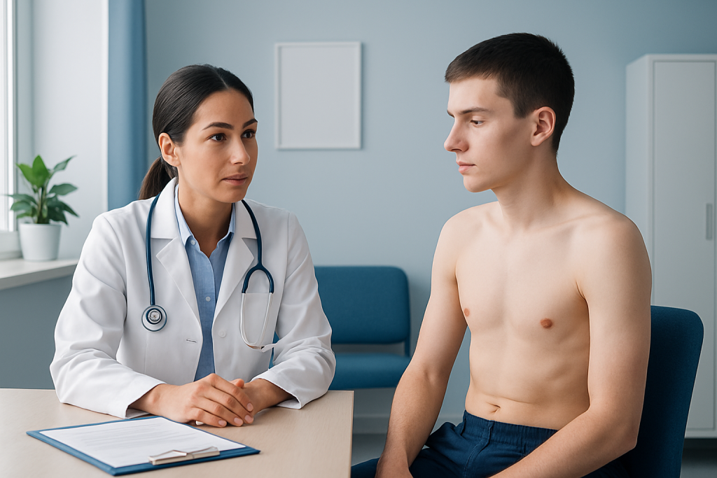 Doctor consulting with a young male patient in a medical office.