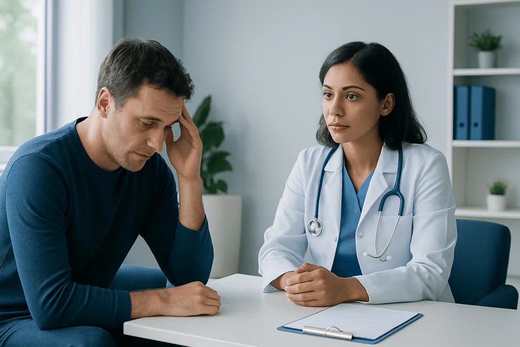 Patient consulting with a doctor about sleep issues in a medical office.