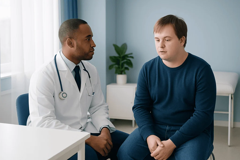 Doctor consulting with a young male patient in a medical office.