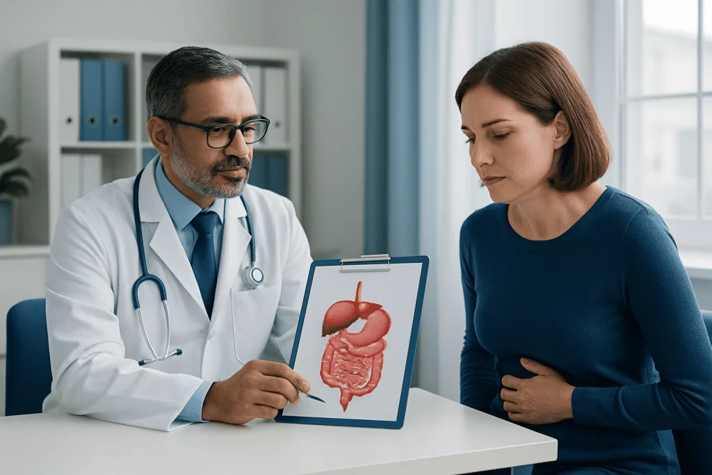 Doctor explaining gastrointestinal issues to a patient with digestive diagram.