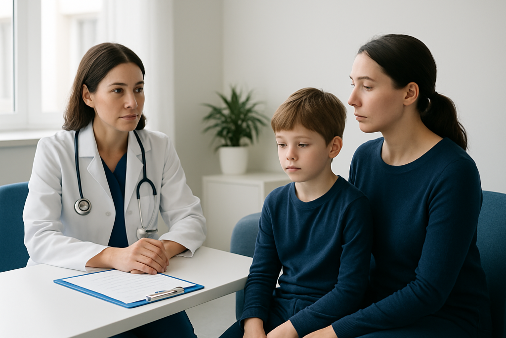 Doctor consulting with mother and child in a medical office.