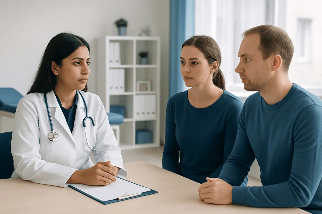 Doctor consulting with a couple in a medical office setting.