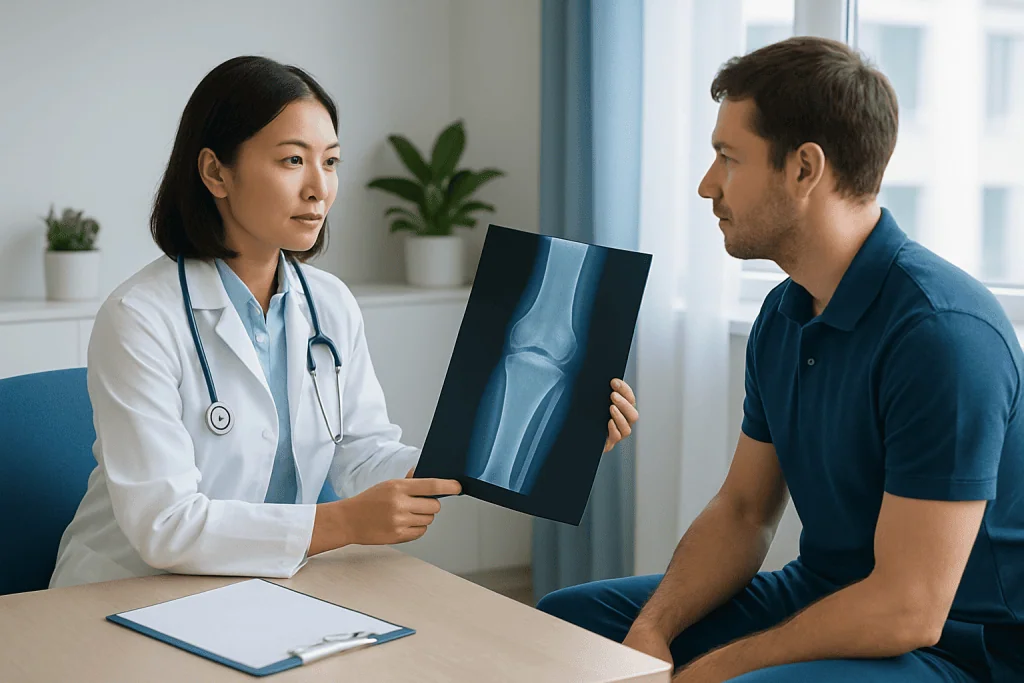 Doctor explaining a knee X-ray to a patient in a medical consultation.