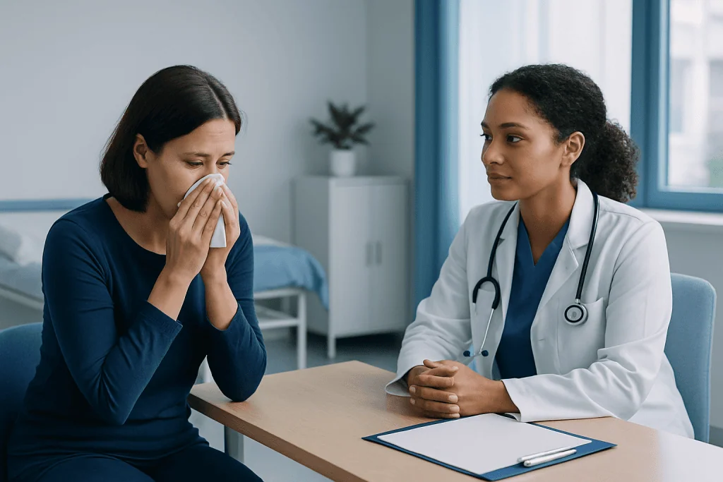 Patient experiencing runny nose during medical consultation at hospital.