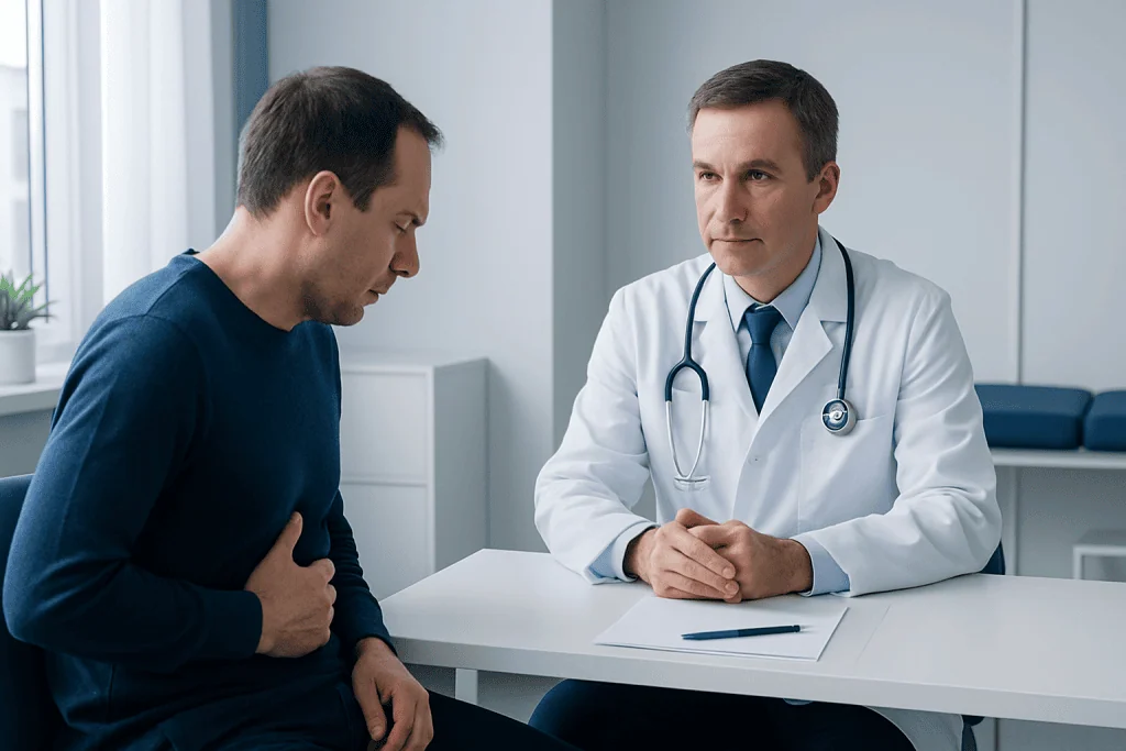 Doctor consulting with a patient experiencing stomach pain in a clinic setting.