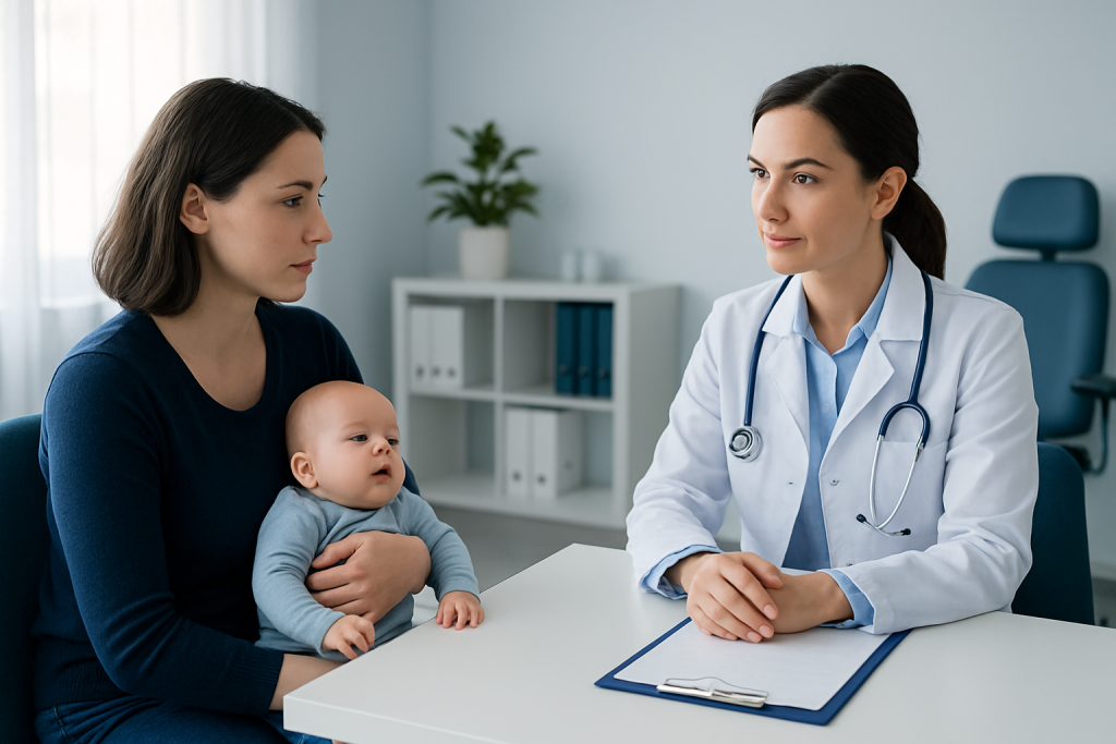 Pediatric consultation with a doctor and mother holding a baby in a clinic.