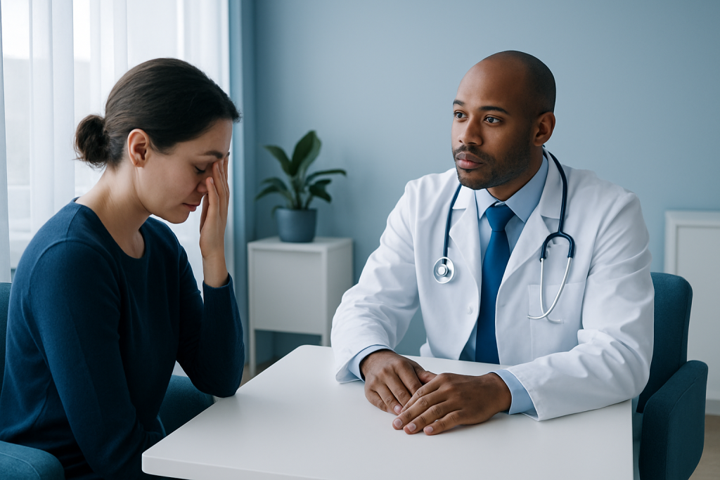 Doctor consulting with a patient about eye health and night blindness.