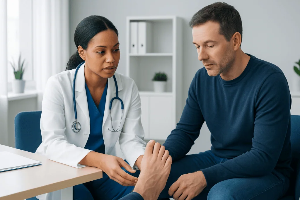 Doctor examining patient's foot in a clinical setting at Acibadem Hospitals.