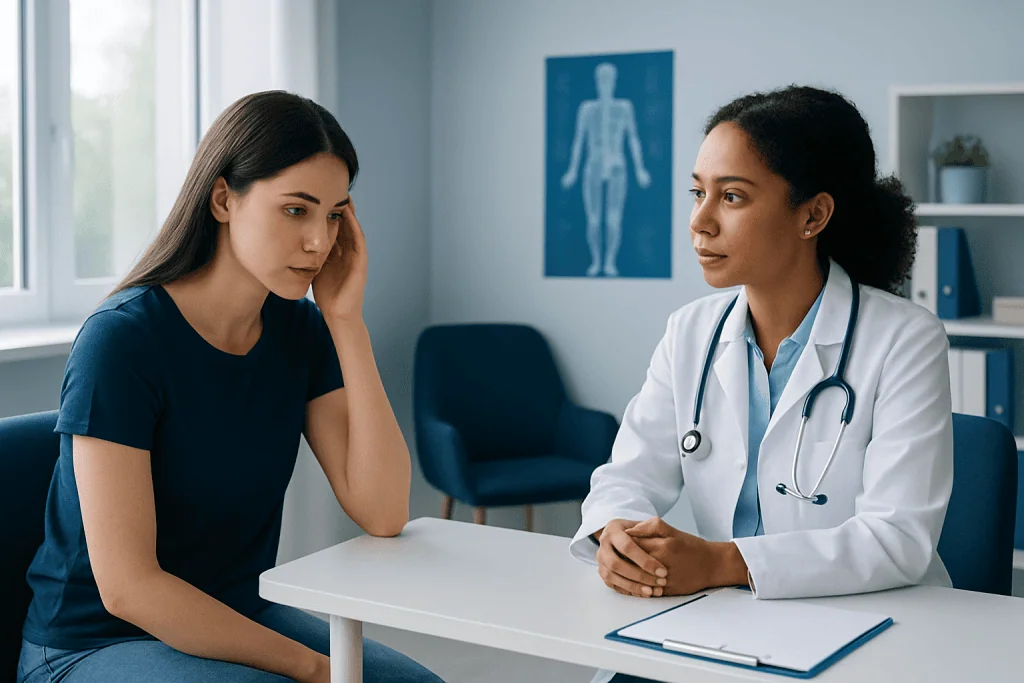 Doctor consulting with a young woman in a medical office setting.