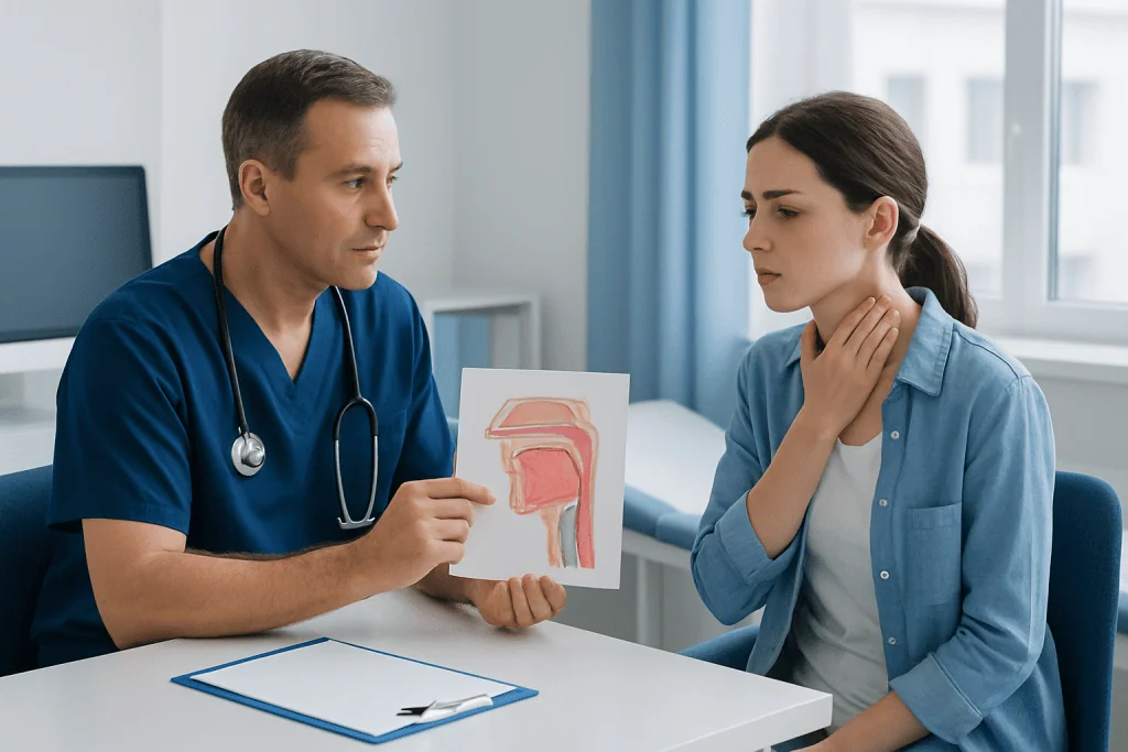 Doctor explaining epiglottitis to a patient with throat discomfort.