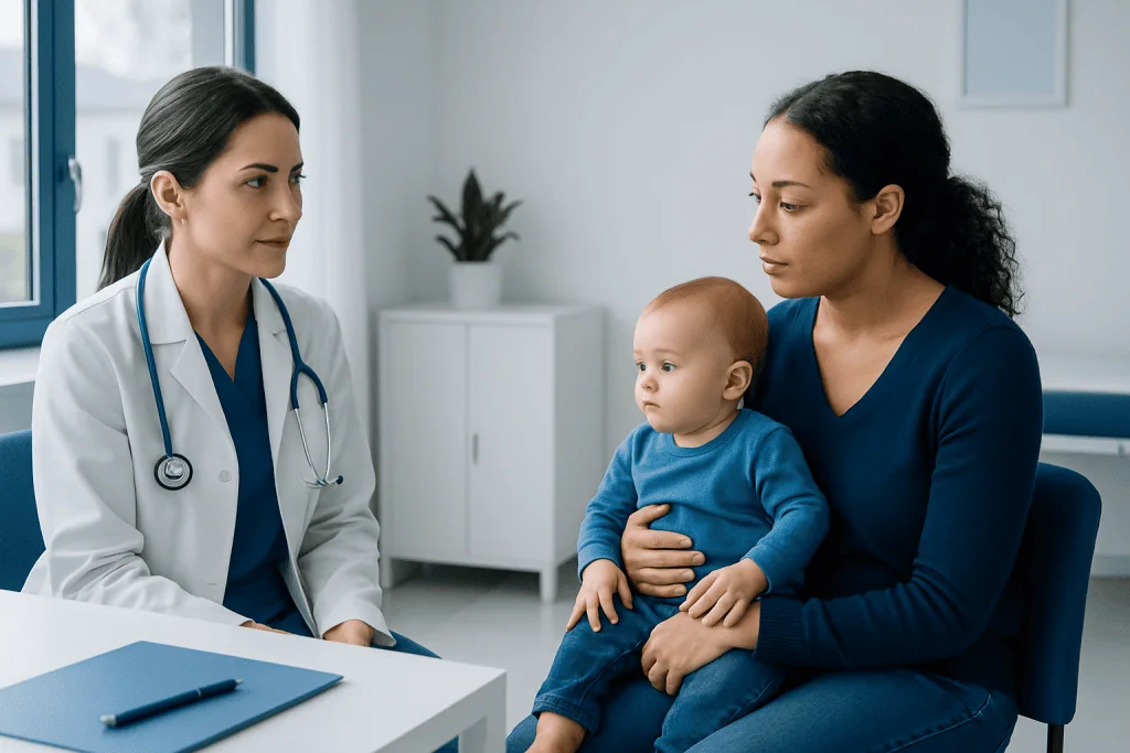 Pediatric consultation at Acibadem Hospital with doctor and mother.