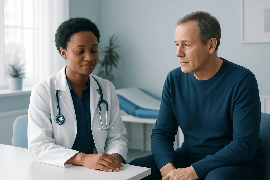 Doctor consulting with male patient in a medical office setting.