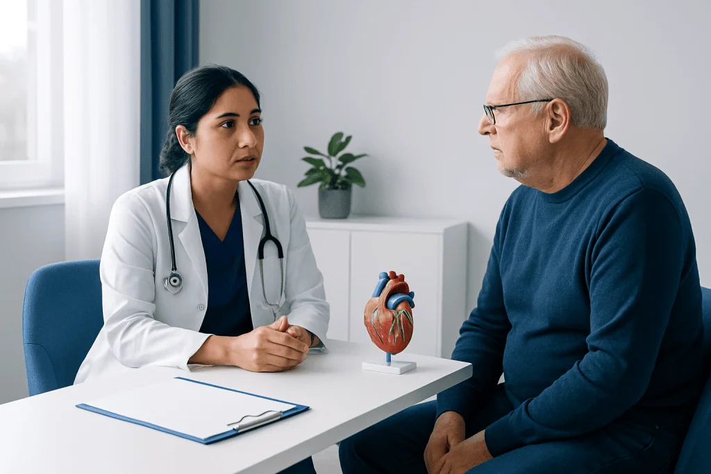 Cardiologist consulting with an elderly male patient about heart health.