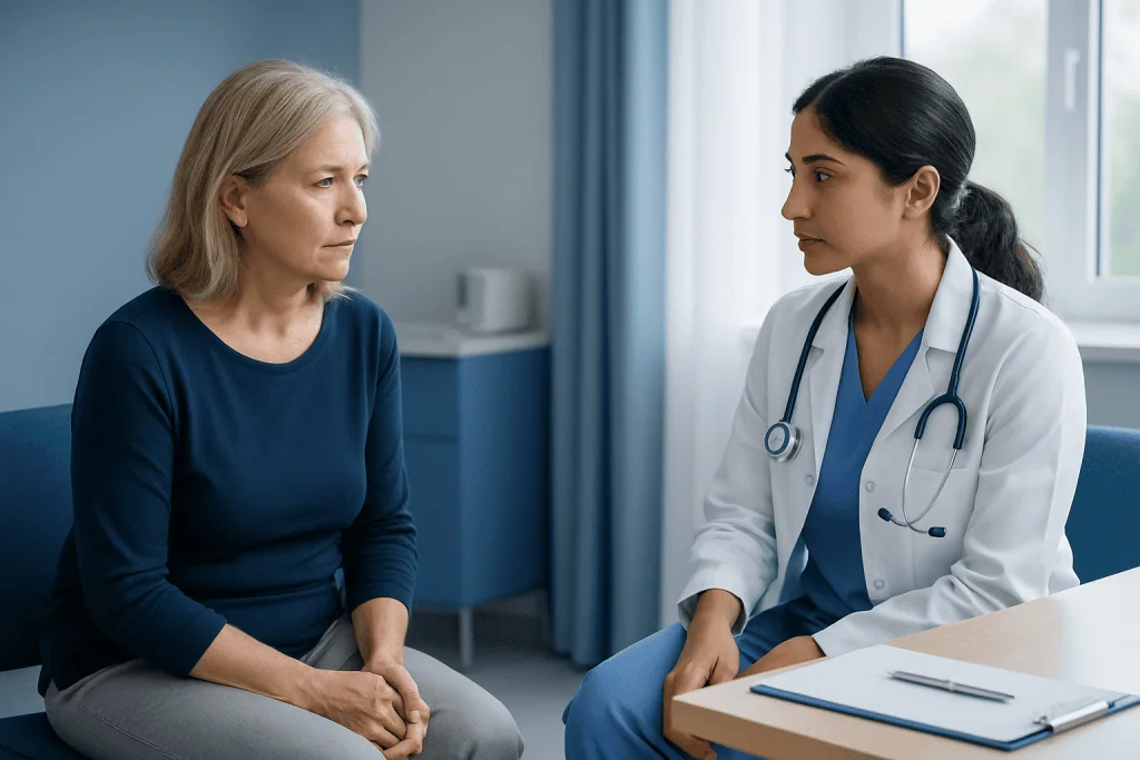 Doctor consulting with a female patient in a medical office.