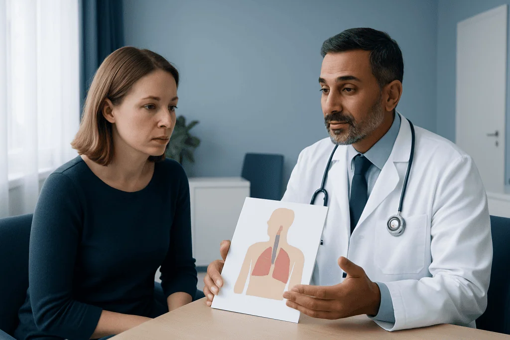 Doctor explaining lung diagram to patient in consultation room.