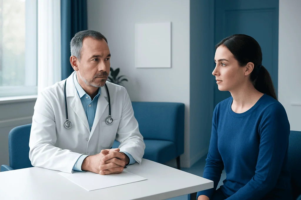 Doctor consulting with a female patient in a modern clinic setting.
