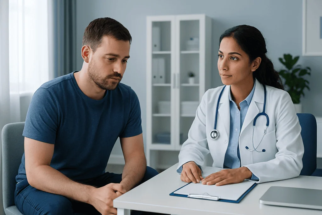 Doctor consulting with male patient in a medical office setting.