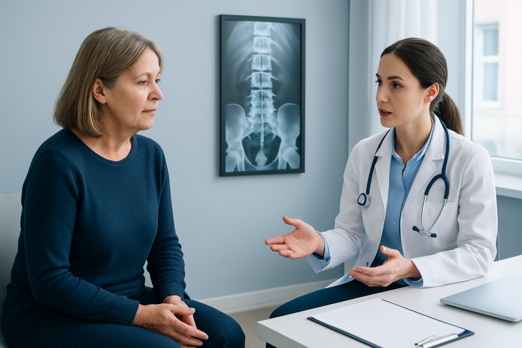 Doctor explaining spinal X-ray to a patient in a medical consultation.