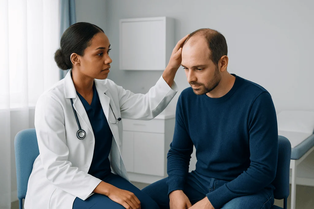 Doctor examining a patient's scalp for folliculitis symptoms.