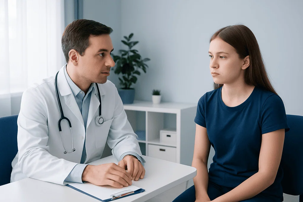 Doctor consulting with a young female patient in a medical office.