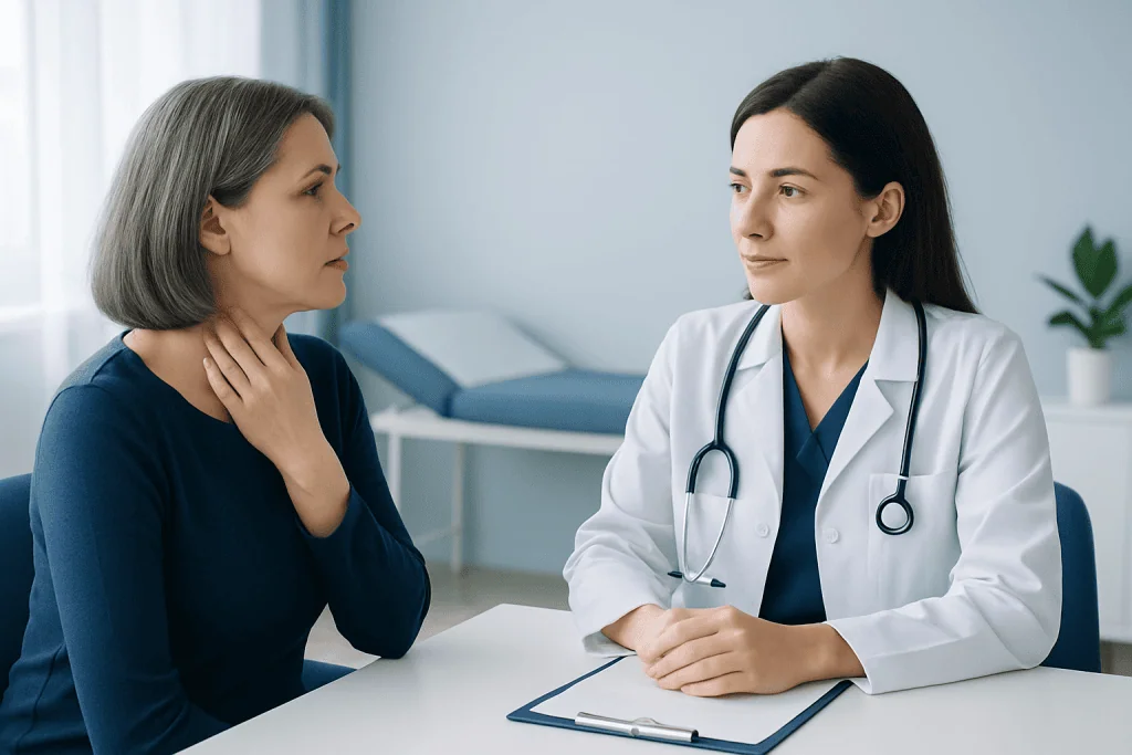 Doctor consulting with a patient about thyroid health in a clinical setting.
