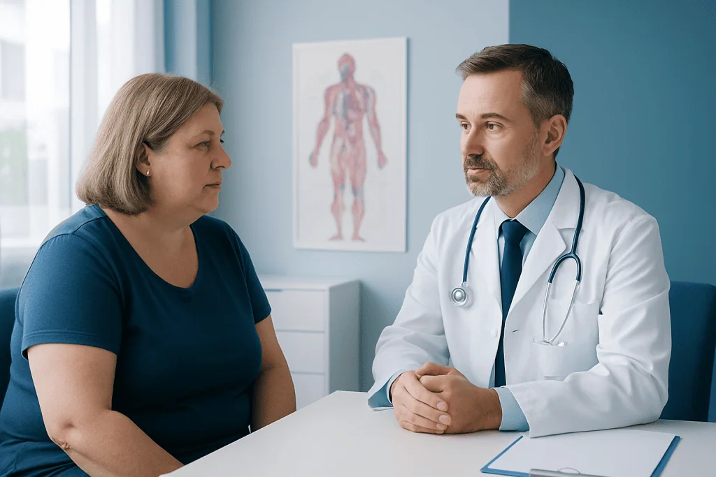 Doctor consulting with a female patient in a medical office setting.