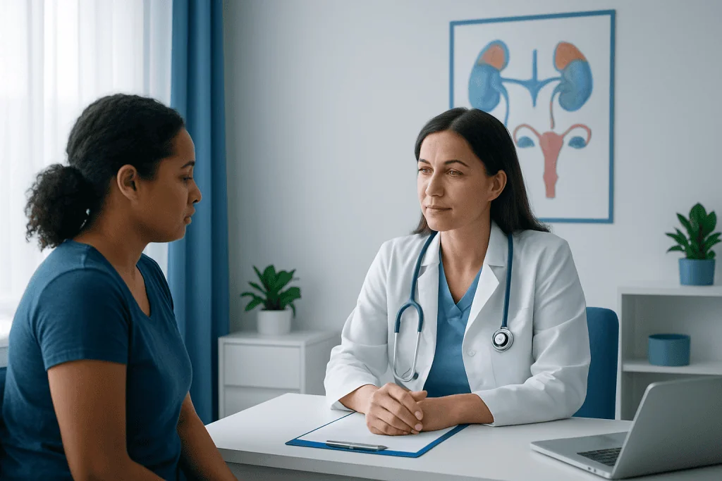 Doctor consulting with a patient about adrenal health in a medical office.