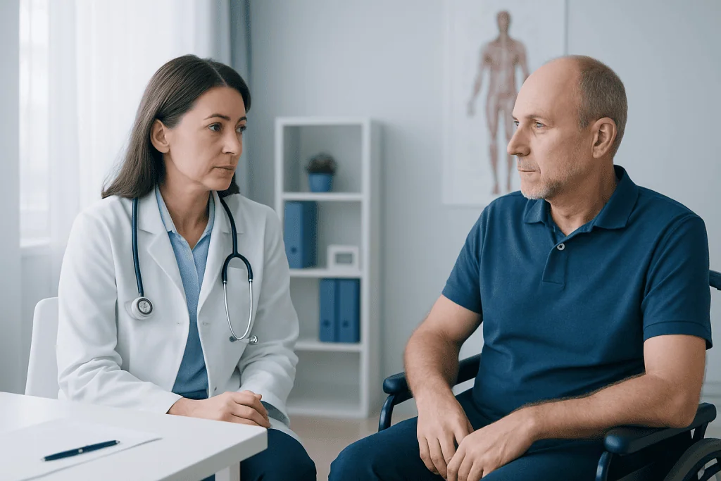 Doctor consulting with patient in a medical office setting.