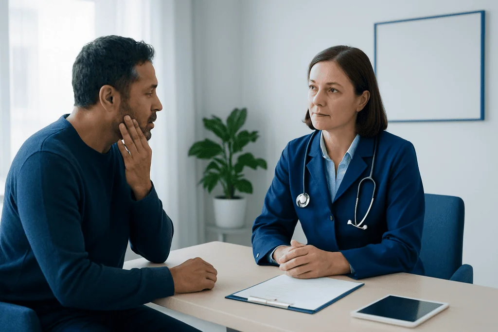 Doctor consulting with a patient in a medical office setting.