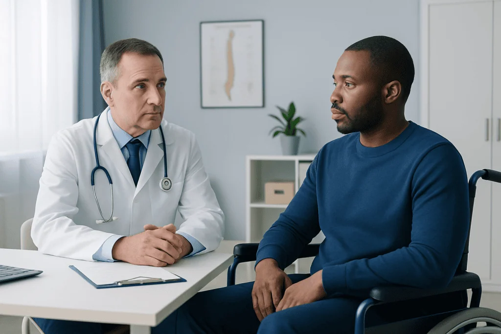 Doctor consulting with a patient in a medical office setting.