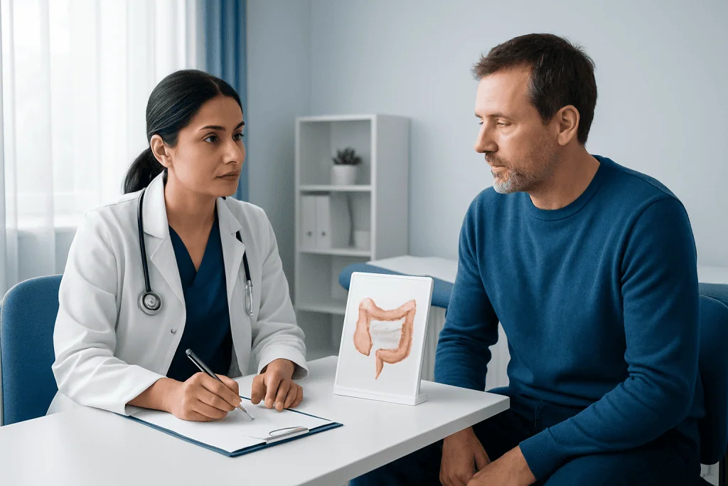 Doctor consulting patient about colon health with anatomical model.