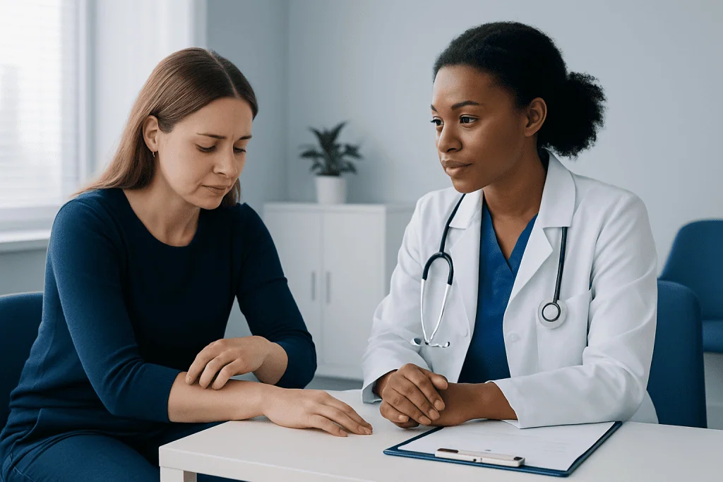 Doctor consulting with a patient about skin condition in a clinical setting.