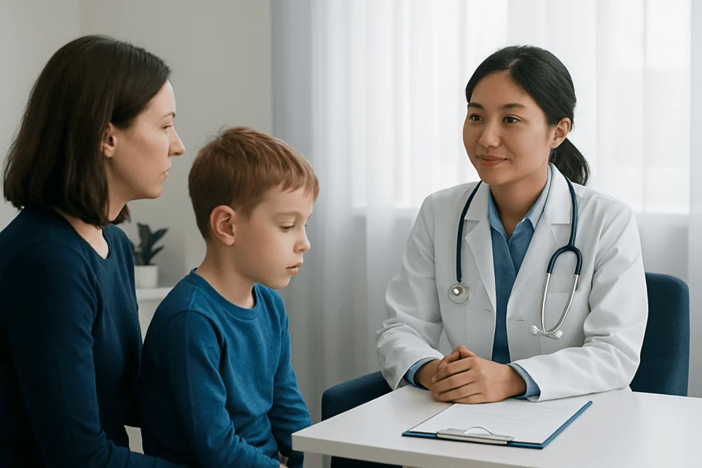 Doctor consulting with a mother and child in a medical office.