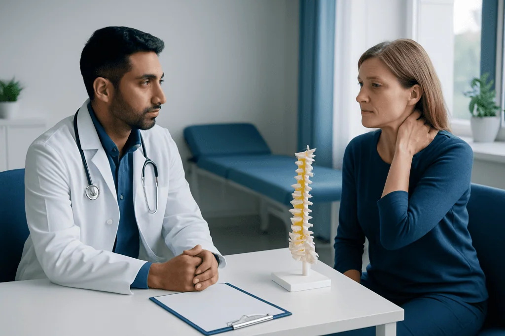 Doctor explaining cervical spine issues to a patient in a consultation room.