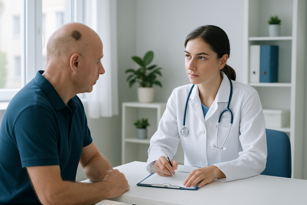 Doctor consulting with patient in a medical office setting.