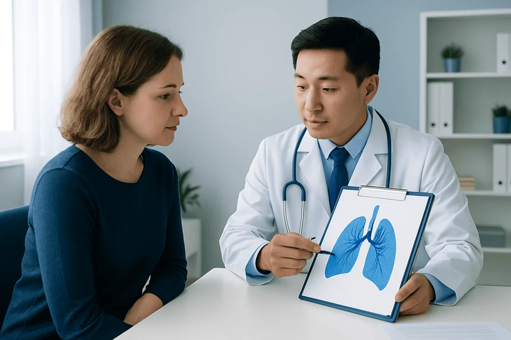 Doctor explaining lung health to a patient with lung diagram.